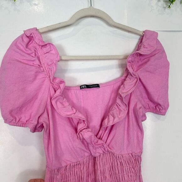 Zara Linen Ruched Mini Dress Pink XS Puff Sleeve Smocked Ruffle Fitted Lolita - Picture 13 of 13